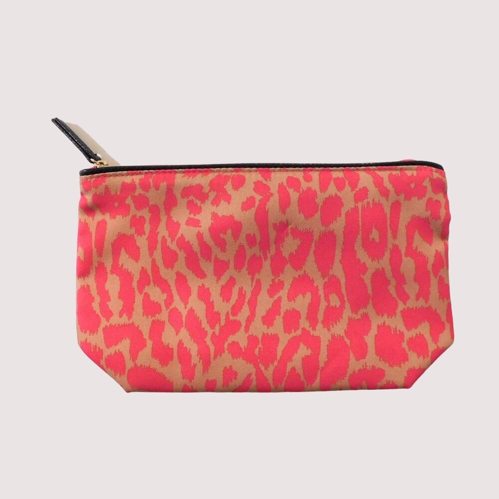 Estee Lauder Animal Print Cosmetic Bag Womens Pink Tan Travel Zip Closure
